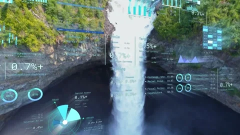 Aerial cascade filling view as camera dropping, HUD tracking flow for analysis, Stock Footage 333873468