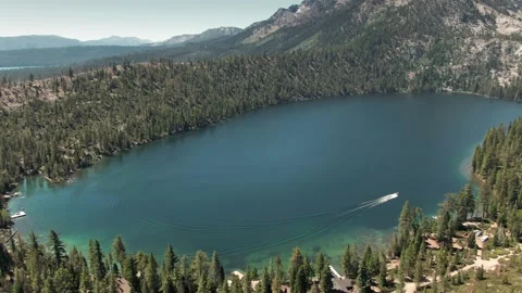 Aerial: Cascade Lake, forest and mountains in Lake Tahoe, California, USA Stock Footage 159162653
