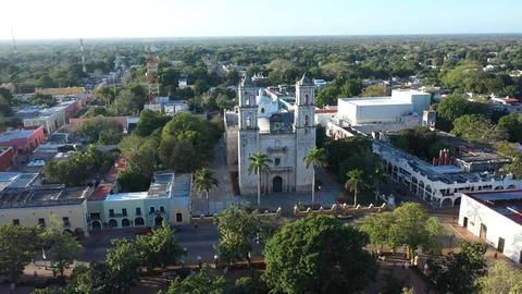 Aerial of the Cathedral de San Gervasio after sunrise in Valladolid, Yucatan Stock Photos