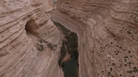 Aerial of caves and river at Ein Avdat canyon. Negev Desert. Israel. DJI-0207-12 스톡 동영상 123653645