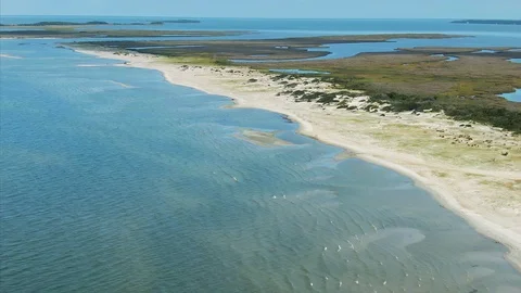 Aerial: Cedar Island beach. Outer banks, North Carolina, USA. Video stock 121492301