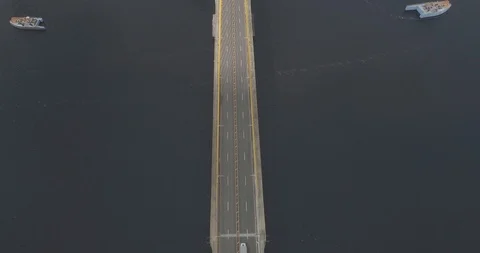 Aerial centralized view looking down on the cable-stayed Rio Negro Bridge that Stock Footage 101293646