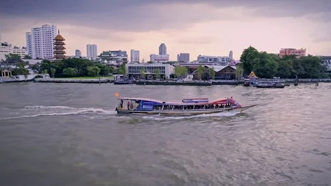 Aerial: Chao Phraya river, boats cityscape of Bangkok, Thailand Stock Footage 83332053