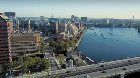 Aerial: Charles River, MIT & Cambridge. Boston, Massachusetts, USA Stock Footage