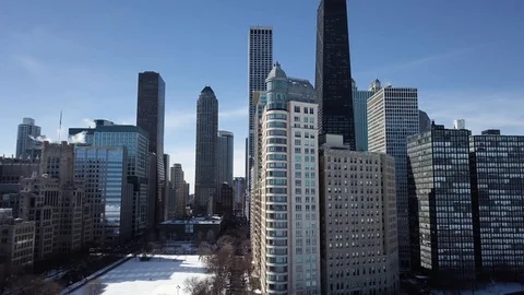 Aerial Chicago Downtown Illinois in winter beside Lake Michigan Stock Footage