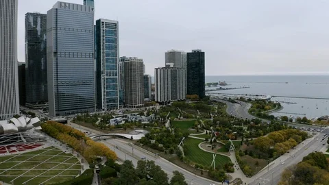 Aerial Chicago Lake Michigan Buildings Skyscraper Traffic Boats Dock Pier Fal Stock Footage