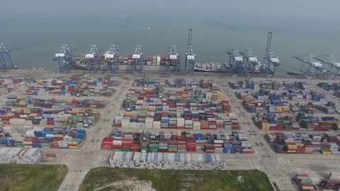 Aerial China port shipping yard Stock Footage