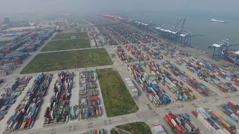 Aerial China port shipping yard Stock Footage