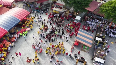 Aerial Chinese Deity Procession Celebration at Bukit Bakri, Malaysia Видео 345436522