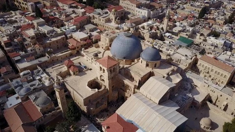 Aerial of Church of the Holy Sepulchre and Old City Jerusalem. DJI-0042-01 Stock Footage