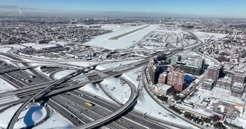 Aerial Cinematic allen 401 highway downtown Toronto Morning 1 Stock Footage 201982453