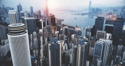 AERIAL. Cinematic blue style footage of Hong Kong city center at day time. Stock Footage