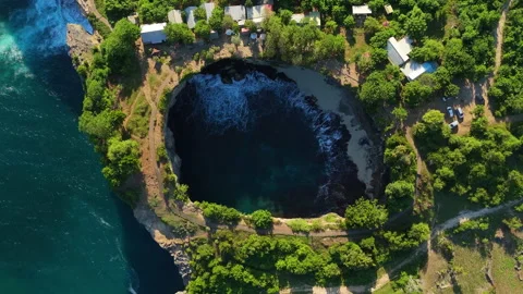 Aerial Cinematic Flight Over Broken Beach Arch Coastline Indonesia Stock Footage 340480589