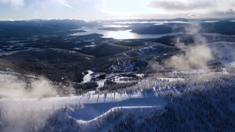Aerial: Cinematic Fog/Clouds Top Of Schweitzer/Lake Pend Oreille Stock Footage