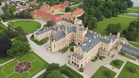 Aerial Cinematic Orbit Around Lednice Chateau, Czech Republic Stock Footage 337115085