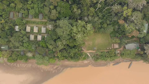 Aerial cinematic view of Amazon rain forest jungle bungalows and river coastline Stock Footage 93789730