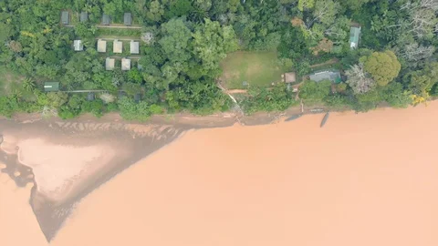 Aerial cinematic view of Amazon rain forest jungle bungalows and river coastline Stock Footage 93789882