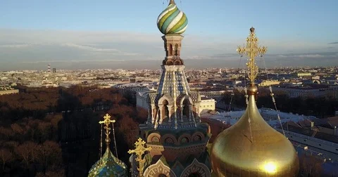 Aerial cinematic view: Quick flying near Dome of Church of the Savior on Blood Stock Footage 74396481