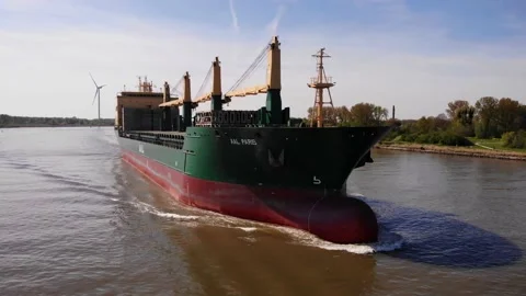 Aerial Circle Dolly Around Forward Bow Of Aal Paris Cargo Ship Travelling Stock Footage 195336323