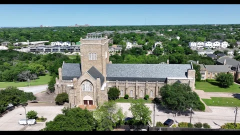 Aerial circle shot of St Stephen Presbyterian Church Fort Worth Texas Stock Footage 273401231