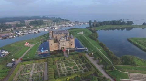 Aerial circling beautiful castle,Muiden,Netherlands Stock Footage