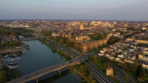 Aerial Circular Castle and cathedral of Angers near the Maine river Stock-Footage 144552653