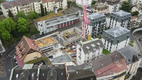 Aerial circular drone view of construction site Montreux Switzerland Video stock 332611109