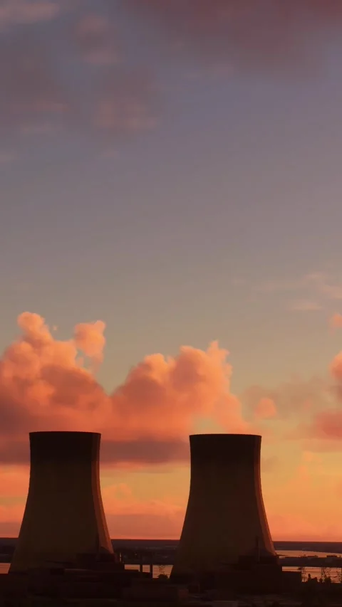 Aerial circular flight at sunset of a nuclear power plant in Doel. Belgium Stock-Footage 283420604