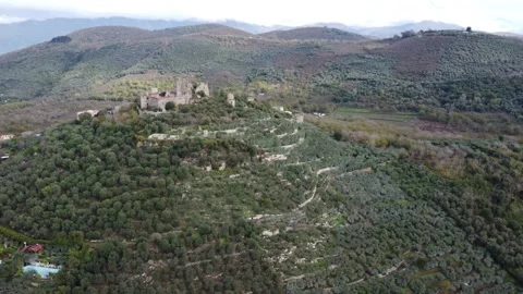 Aerial circular move view of Norman Lombard ruin abandoned castle of Middle Ages Stock Footage 166476298