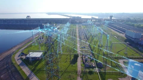 An aerial circular orbit view, high voltage electric power tower with Stock Footage 122744895