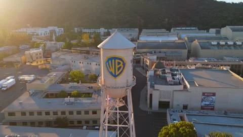 Aerial Circular Pan Around Warner Bros. Water Tower, Los Angeles, January 5 Video stock 302323527