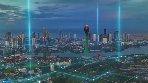 Aerial circular view of modern high rise buildings around famous Colombo Lotus Stock Footage 248544763