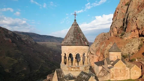 Aerial circular view Noravank monastery complex, 13th-century Armenian mona.. Stock Footage 290065442