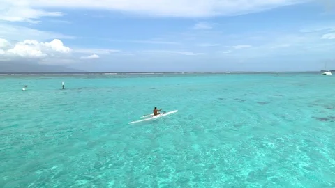 Aerial circular view of polynesian va'a dugout canoe in tahiti moorea trainin Stock Footage 92065519