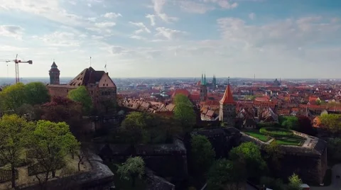 Aerial city with a castle in the foreground while flying towards a tower Stock Footage 63197147