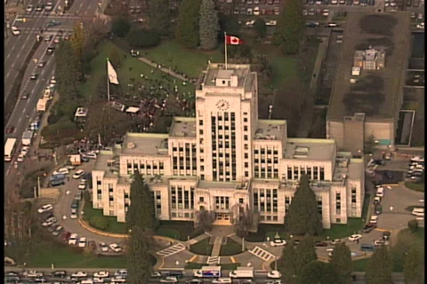 Aerial City Hall Vancouver BC Stock Footage
