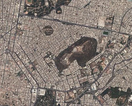 Aerial city, map pattern and satellite view of urban road, building and 스톡 사진