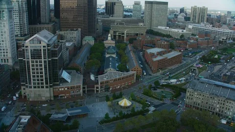 Aerial city view Quincy Market downtown Boston America Stock Footage