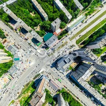 Aerial city view. Urban landscape. Copter shot. Panoramic image. Stock Photos