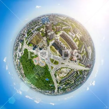 Aerial city view. Urban landscape. Copter shot. Panoramic image. Stock Photos