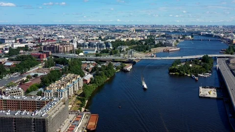 Aerial Of Cityscape Bridge  And Scyscraper Over River  Stock Footage 121401875