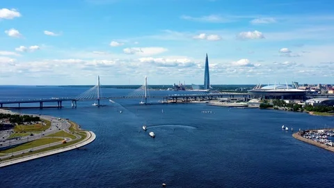 Aerial Of Cityscape Bridge  And Scyscraper Over River  Stock Footage 121402148