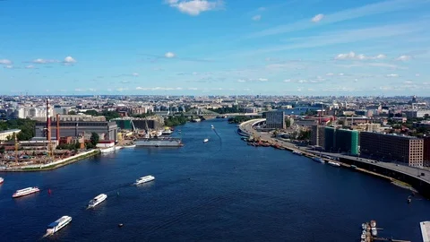 Aerial Of Cityscape Bridge  And Scyscraper Over River  Stock Footage 121403073