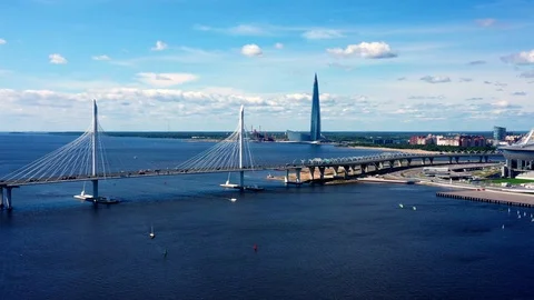 Aerial Of Cityscape Bridge  And Scyscraper Over River  Stock Footage 121403469