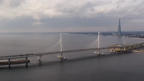 Aerial Of Cityscape Bridge  And Scyscraper Over River  Stock Footage 126924177