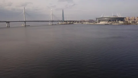 Aerial Of Cityscape Bridge  And Scyscraper Over River  Stock Footage 126930405