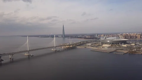 Aerial Of Cityscape Bridge  And Scyscraper Over River  Stock Footage 126930811