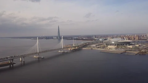 Aerial Of Cityscape Bridge  And Scyscraper Over River  Stock Footage 126932032