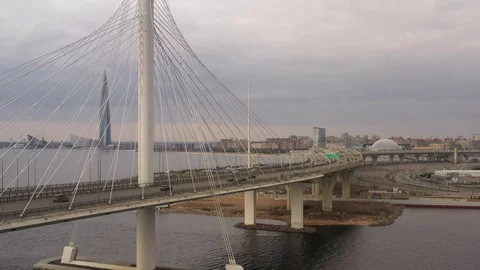 Aerial Of Cityscape Bridge  And Scyscraper Over River  Stock Footage 126950970