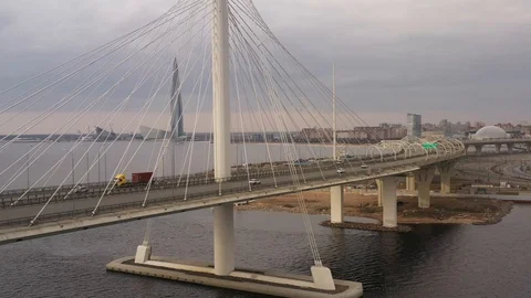 Aerial Of Cityscape Bridge  And Scyscraper Over River  Stock Footage 126962795